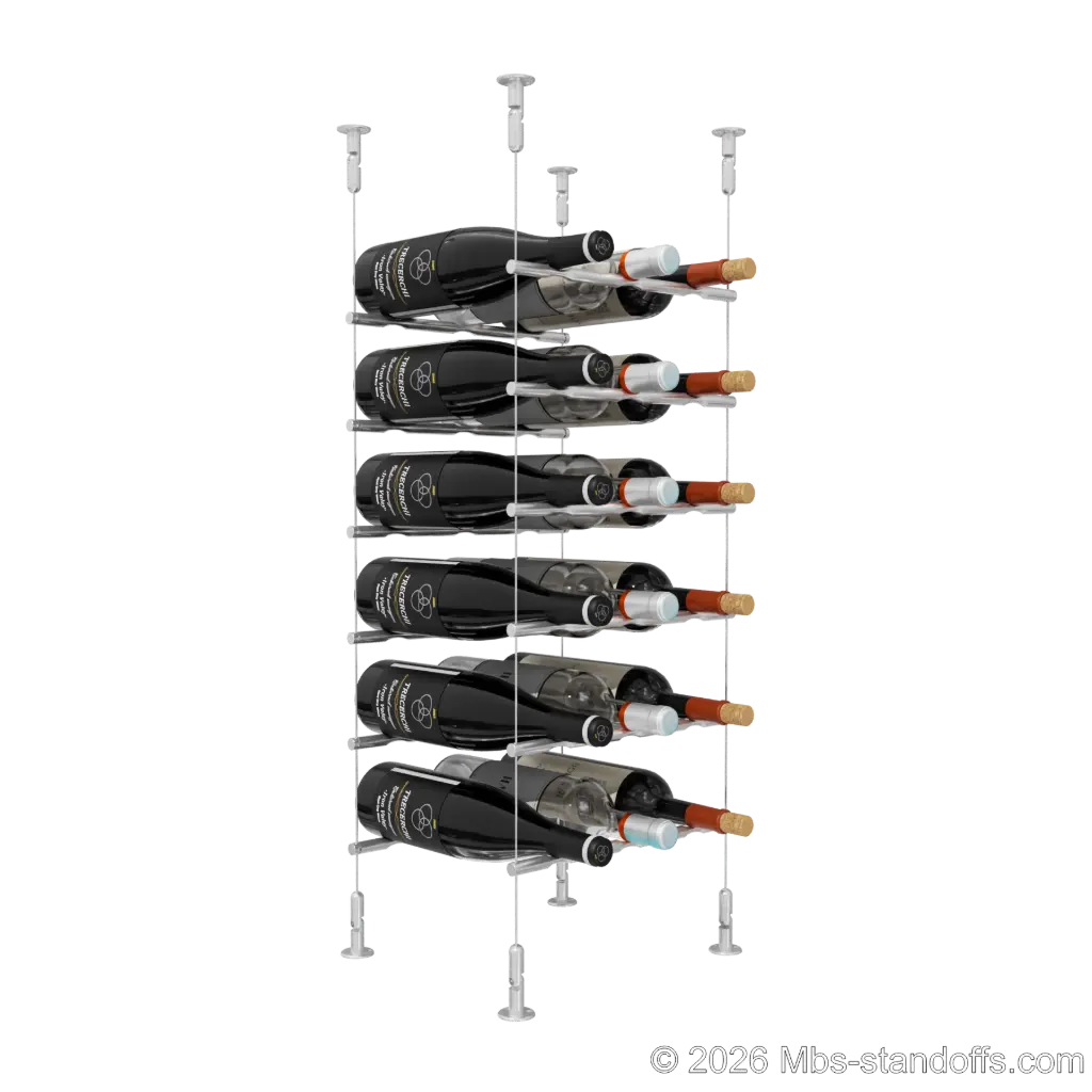 Merlot - Washington Collection Bottle Display Peg Kit, 18-Bottle (3x6) Capacity, Floating Cable System, Pegs: 1/2″ × 11-1/2" with Clear Anodized Finish