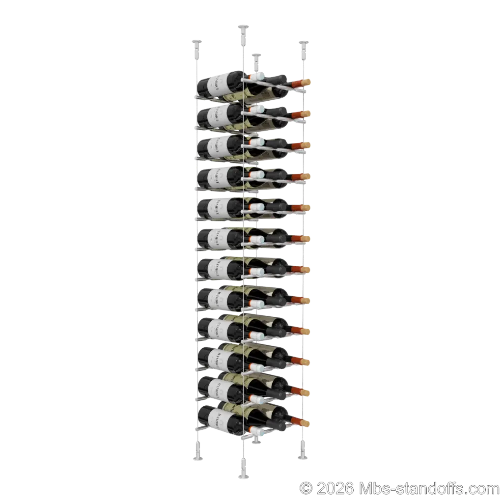 Merlot - Washington Collection Bottle Display Peg Kit, 36-Bottle (3x12) Capacity, Floating Cable System, Pegs: 1/2″ × 11-1/2" with Clear Anodized Finish