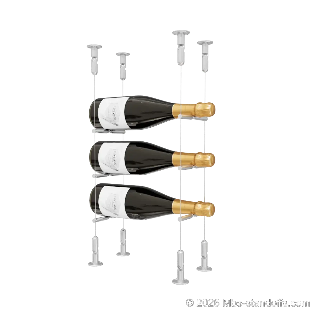 Merlot - Washington Collection Bottle Display Peg Kit With "O" Ring, 3-Bottle Capacity, Floating Cable System, Pegs: 1/2″ × 6" with Clear Anodized Finish