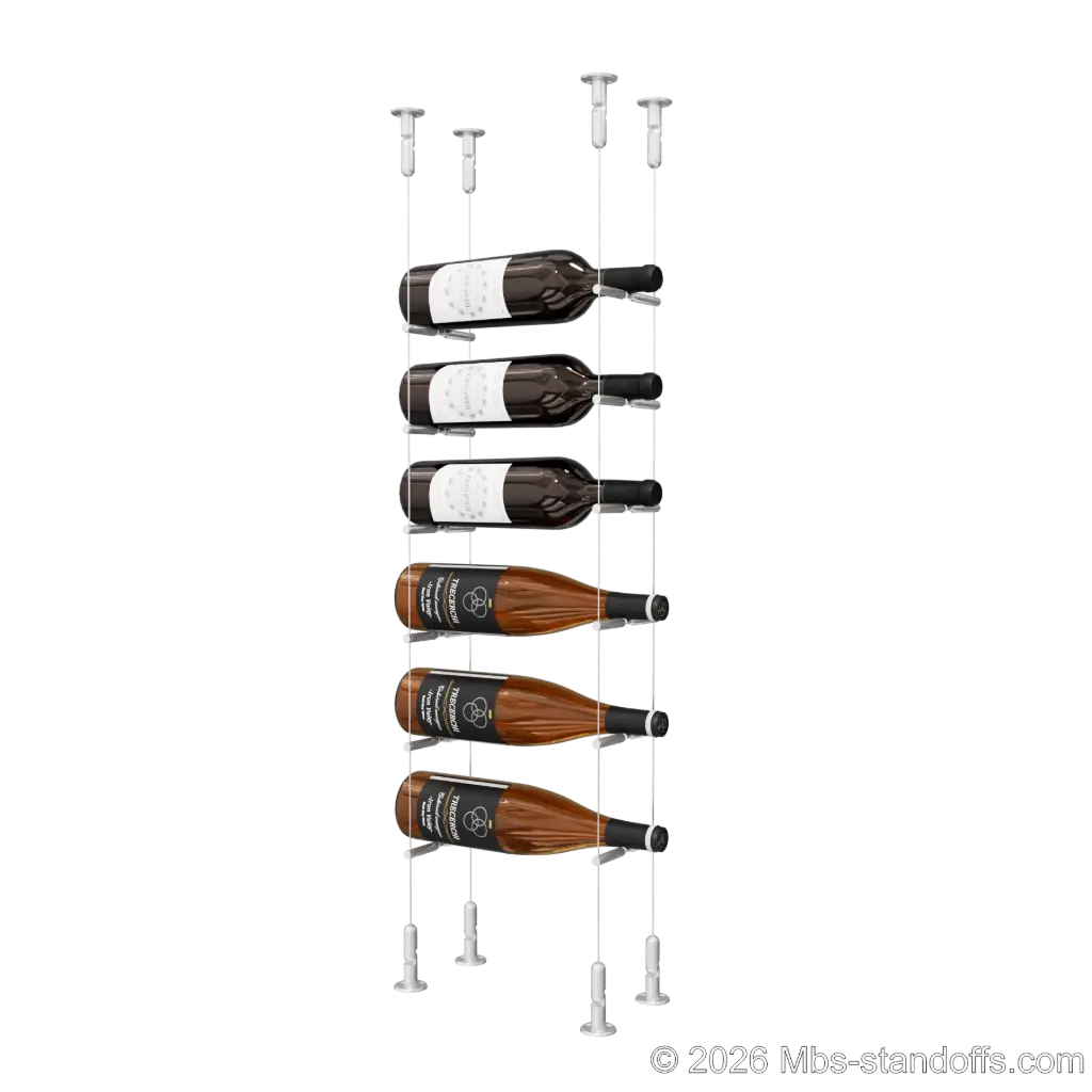 Merlot - Washington Collection Bottle Display Peg Kit With "O" Ring, 6-Bottle Capacity, Floating Cable System, Pegs: 1/2″ × 6" with Clear Anodized Finish