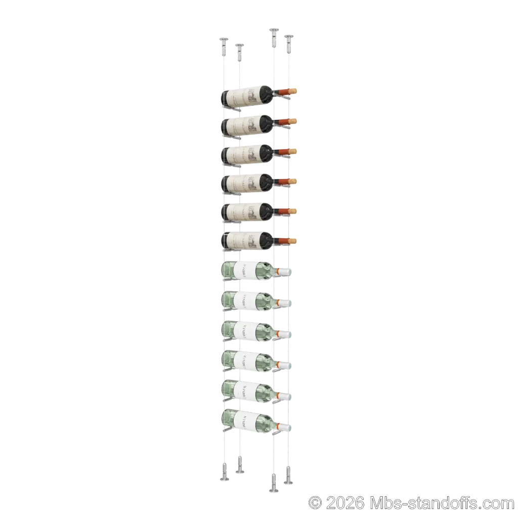 Merlot - Washington Collection Bottle Display Peg Kit With "O" Ring, 12-Bottle Capacity, Floating Cable System, Pegs: 1/2″ × 6" with Clear Anodized Finish