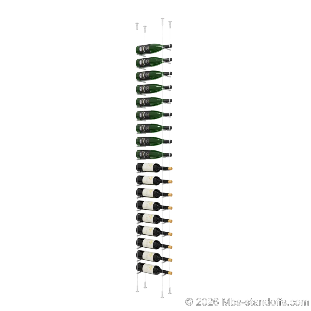 Merlot - Washington Collection Bottle Display Peg Kit With "O" Ring, 18-Bottle Capacity, Floating Cable System, Pegs: 1/2″ × 6" with Clear Anodized Finish