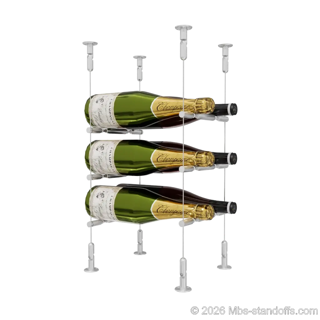 Merlot - Washington Collection Bottle Display Peg Kit With "O" Ring, 6-Bottle (2x3) Capacity, Floating Cable System, Pegs: 1/2″ × 7-1/2" with Clear Anodized Finish