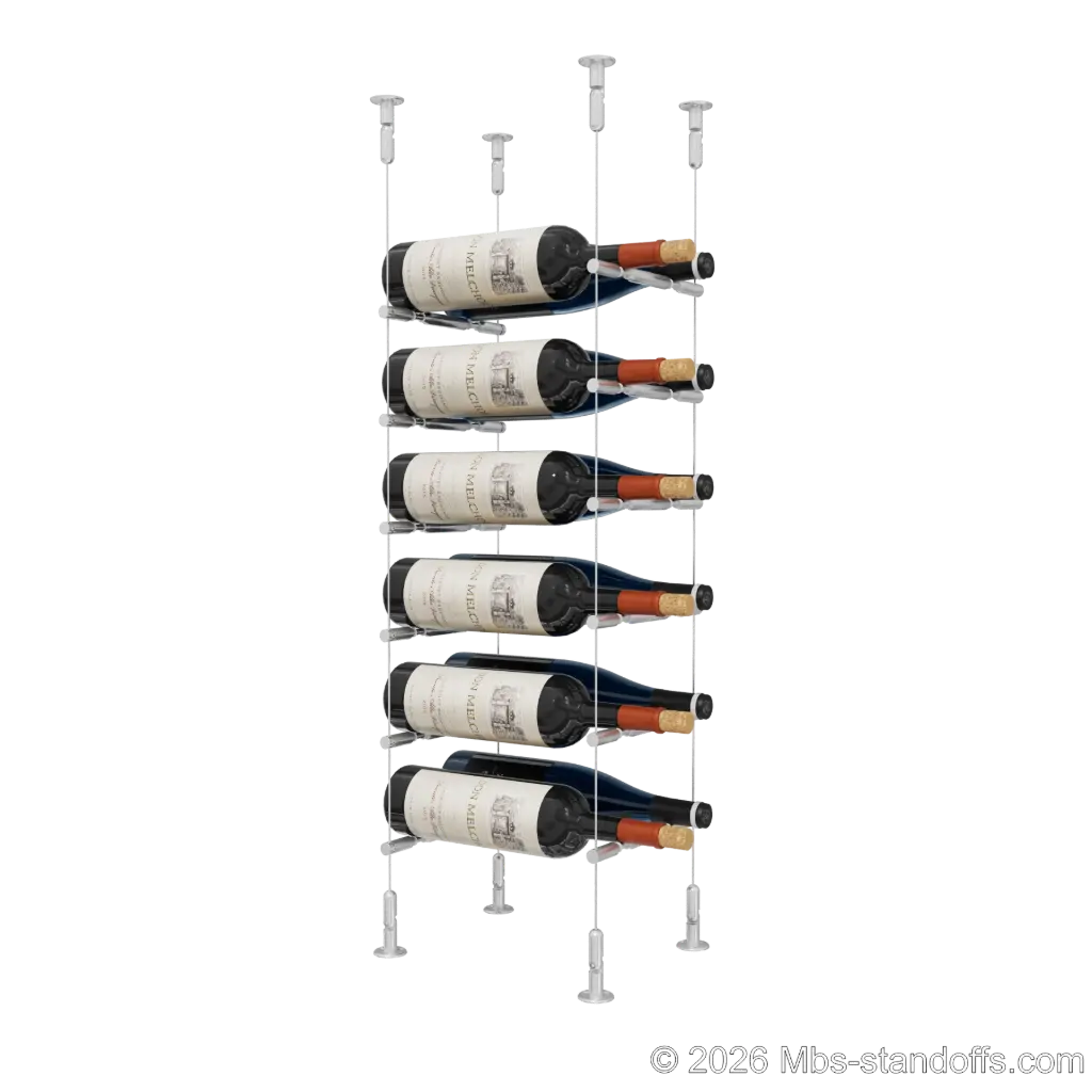 Merlot - Washington Collection Bottle Display Peg Kit With "O" Ring, 12-Bottle (2x6) Capacity, Floating Cable System, Pegs: 1/2″ × 7-1/2" with Clear Anodized Finish