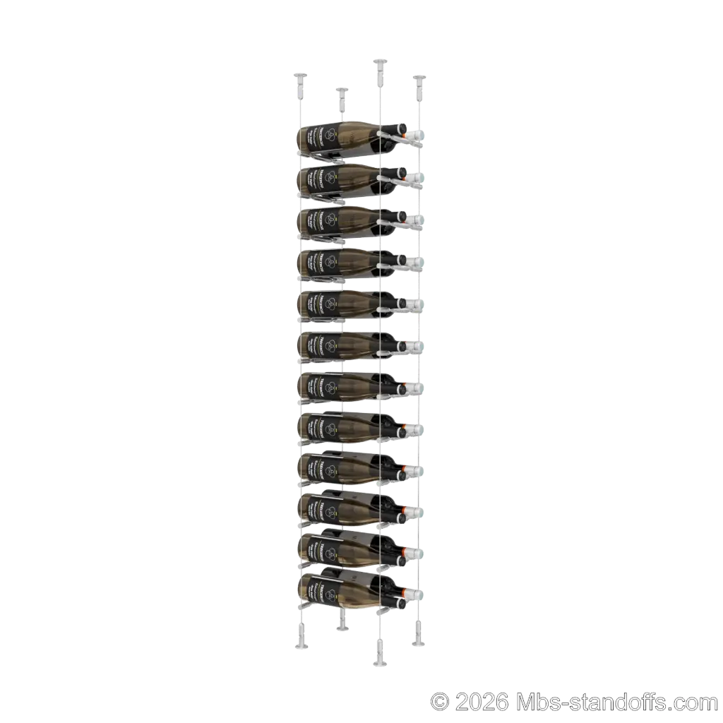 Merlot - Washington Collection Bottle Display Peg Kit With "O" Ring, 24-Bottle (2x12) Capacity, Floating Cable System, Pegs: 1/2″ × 7-1/2" with Clear Anodized Finish