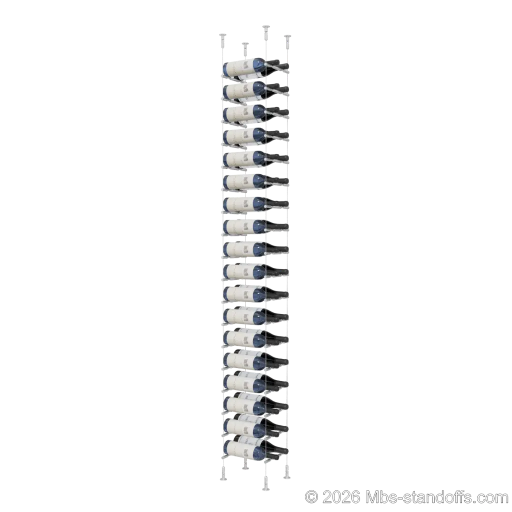 Merlot - Washington Collection Bottle Display Peg Kit With "O" Ring, 36-Bottle (2x18) Capacity, Floating Cable System, Pegs: 1/2″ × 7-1/2" with Clear Anodized Finish