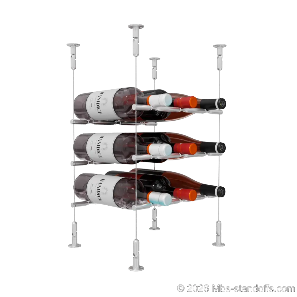 Merlot - Washington Collection Bottle Display Peg Kit With "O" Ring, 9-Bottle (3x3) Capacity, Floating Cable System, Pegs: 1/2″ × 11-1/2" with Clear Anodized Finish