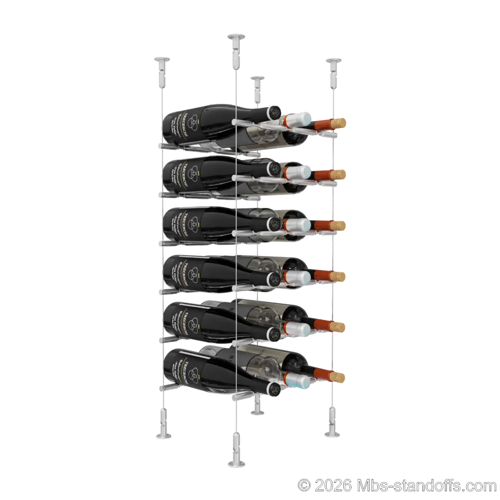 Merlot - Washington Collection Bottle Display Peg Kit With "O" Ring, 18-Bottle (3x6) Capacity, Floating Cable System, Pegs: 1/2″ × 11-1/2" with Clear Anodized Finish