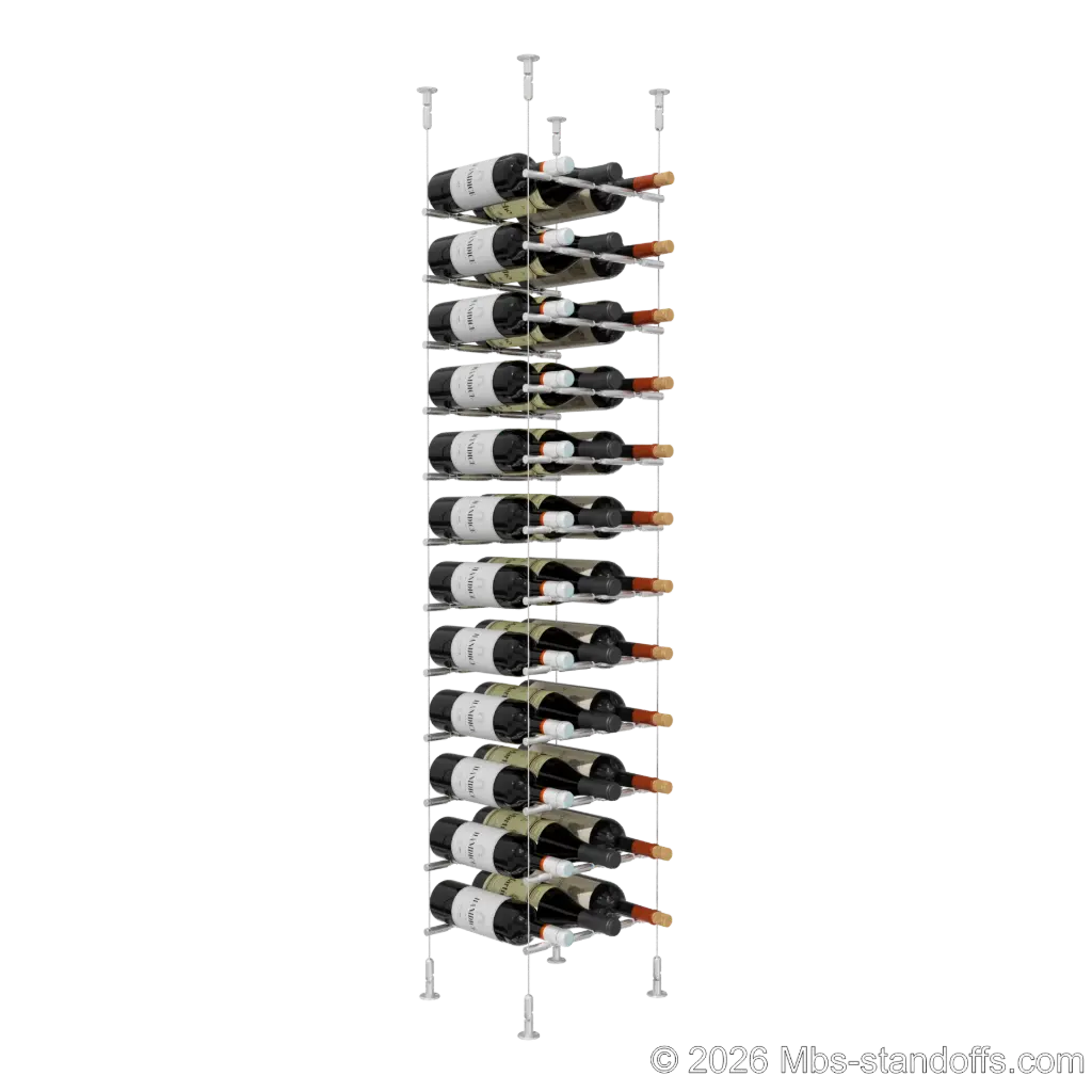 Merlot - Washington Collection Bottle Display Peg Kit With "O" Ring, 36-Bottle (3x12) Capacity, Floating Cable System, Pegs: 1/2″ × 11-1/2" with Clear Anodized Finish