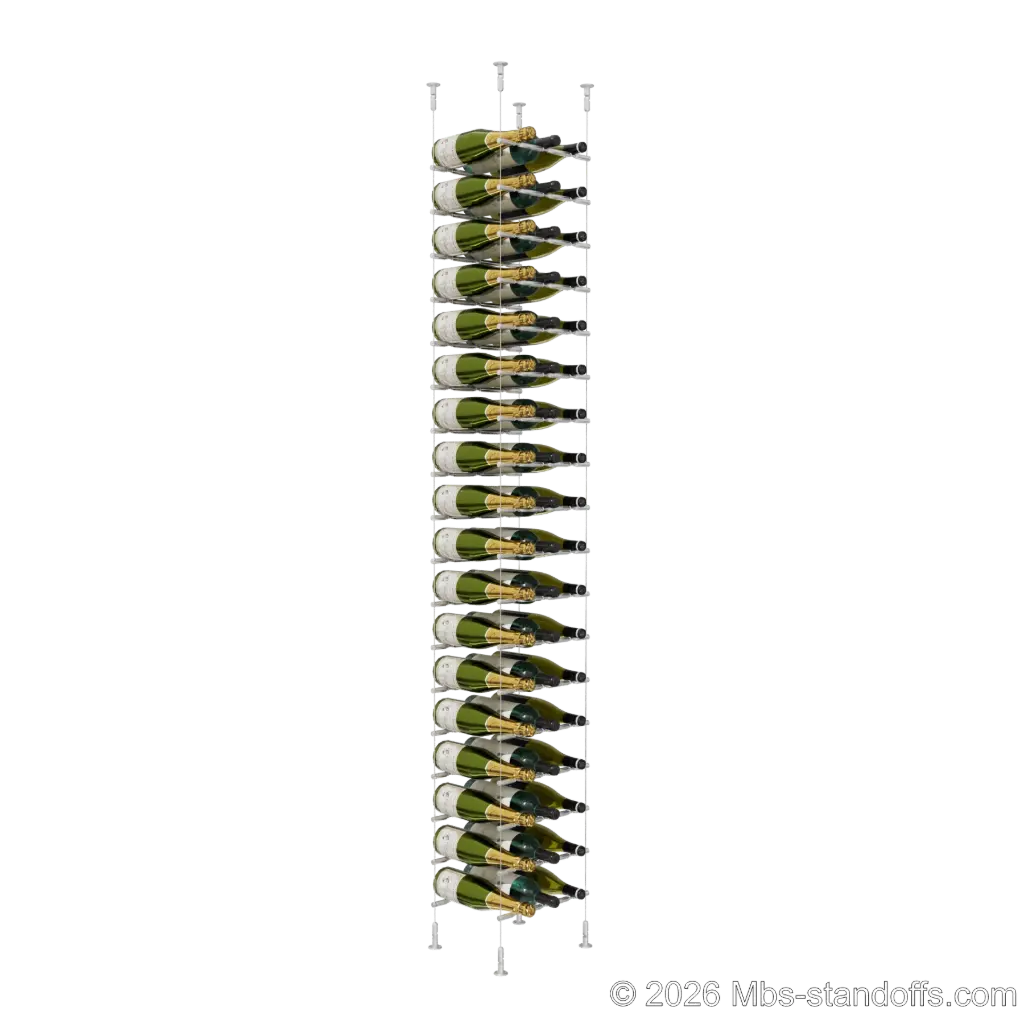 Merlot - Washington Collection Bottle Display Peg Kit With "O" Ring, 54-Bottle (3x18) Capacity, Floating Cable System, Pegs: 1/2″ × 11-1/2" with Clear Anodized Finish