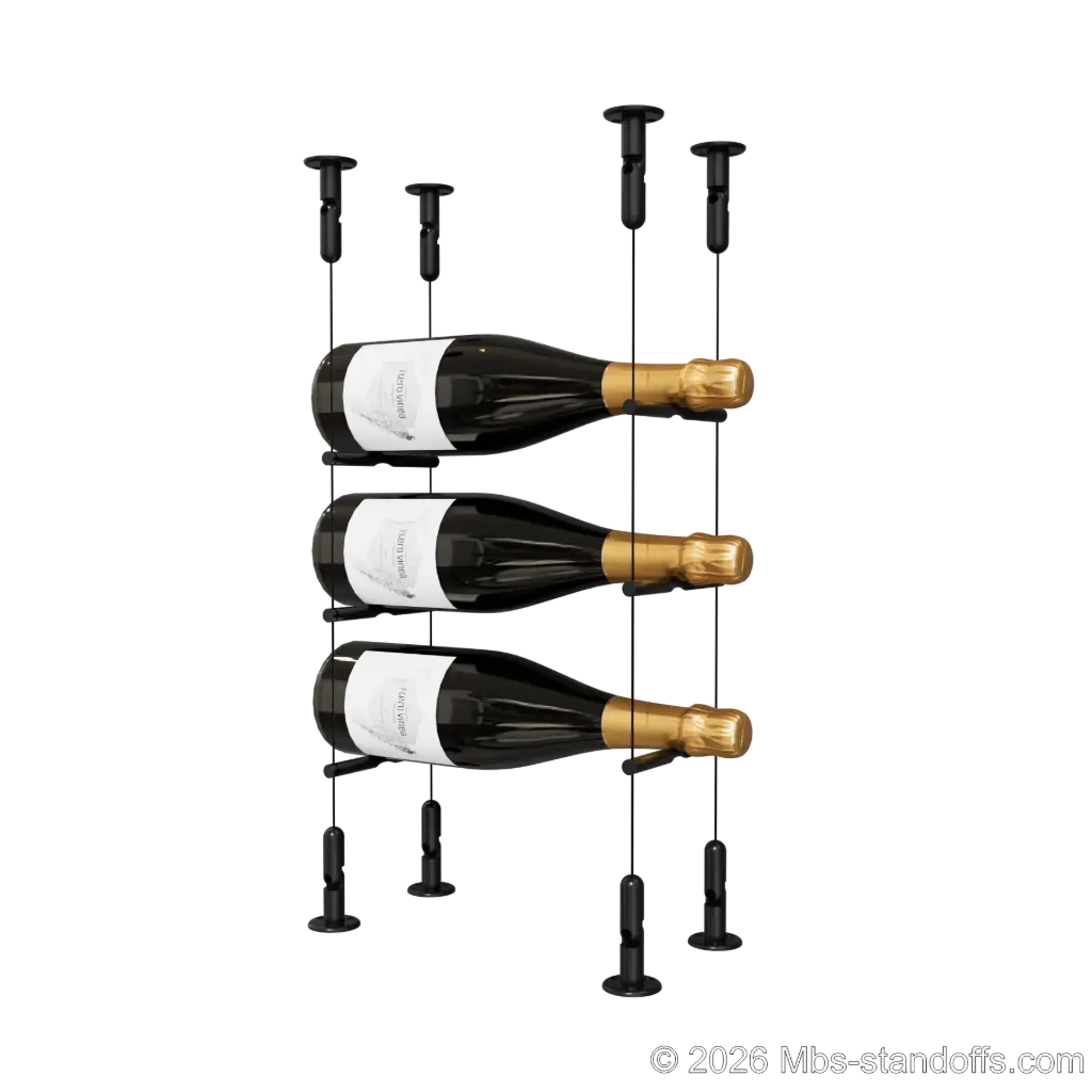 Merlot - Washington Collection Bottle Display Peg Kit, 3-Bottle Capacity, Floating Cable System, Pegs: 1/2″ × 6" with Matte Black Anodized Finish