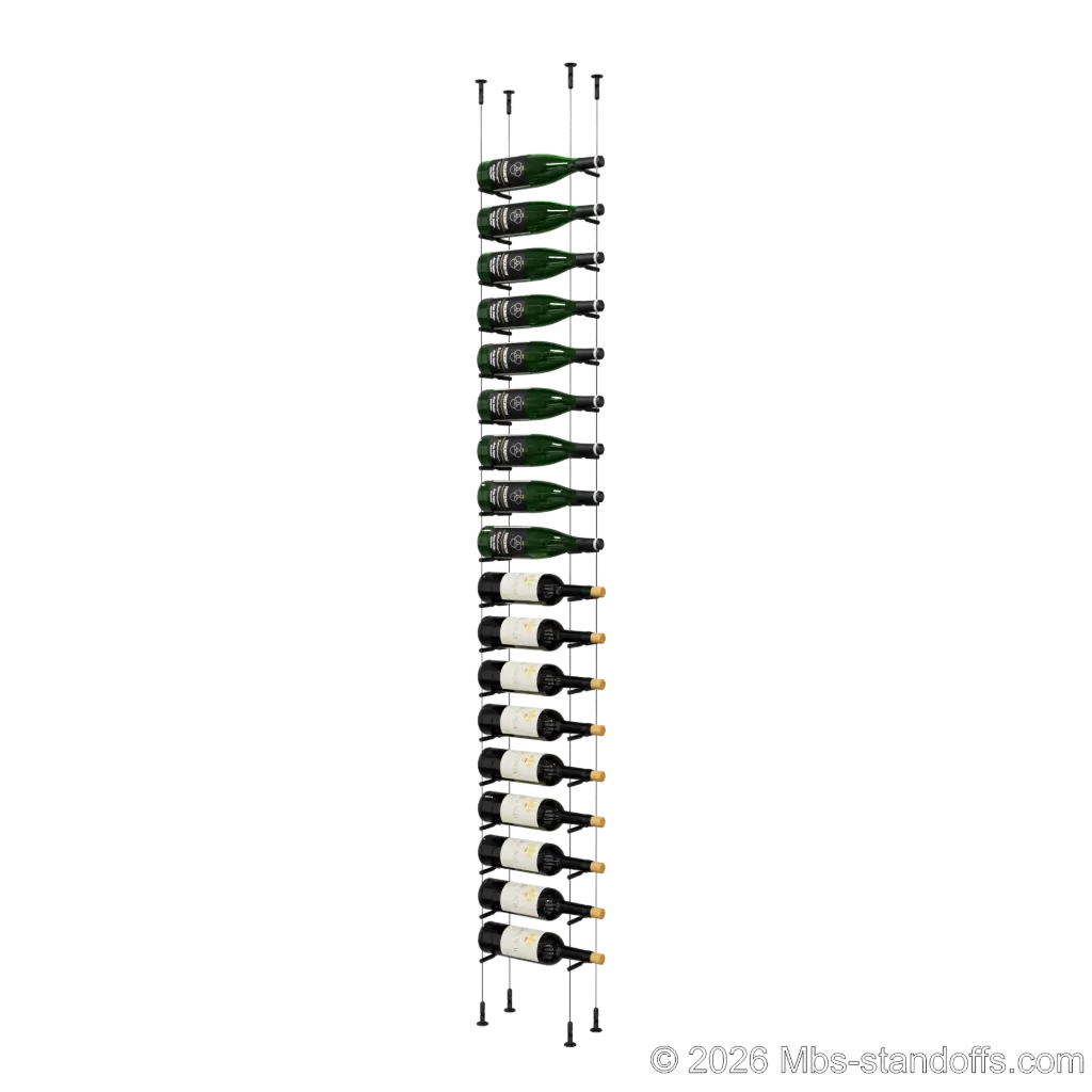 Merlot - Washington Collection Bottle Display Peg Kit, 18-Bottle Capacity, Floating Cable System, Pegs: 1/2″ × 6" with Matte Black Anodized Finish