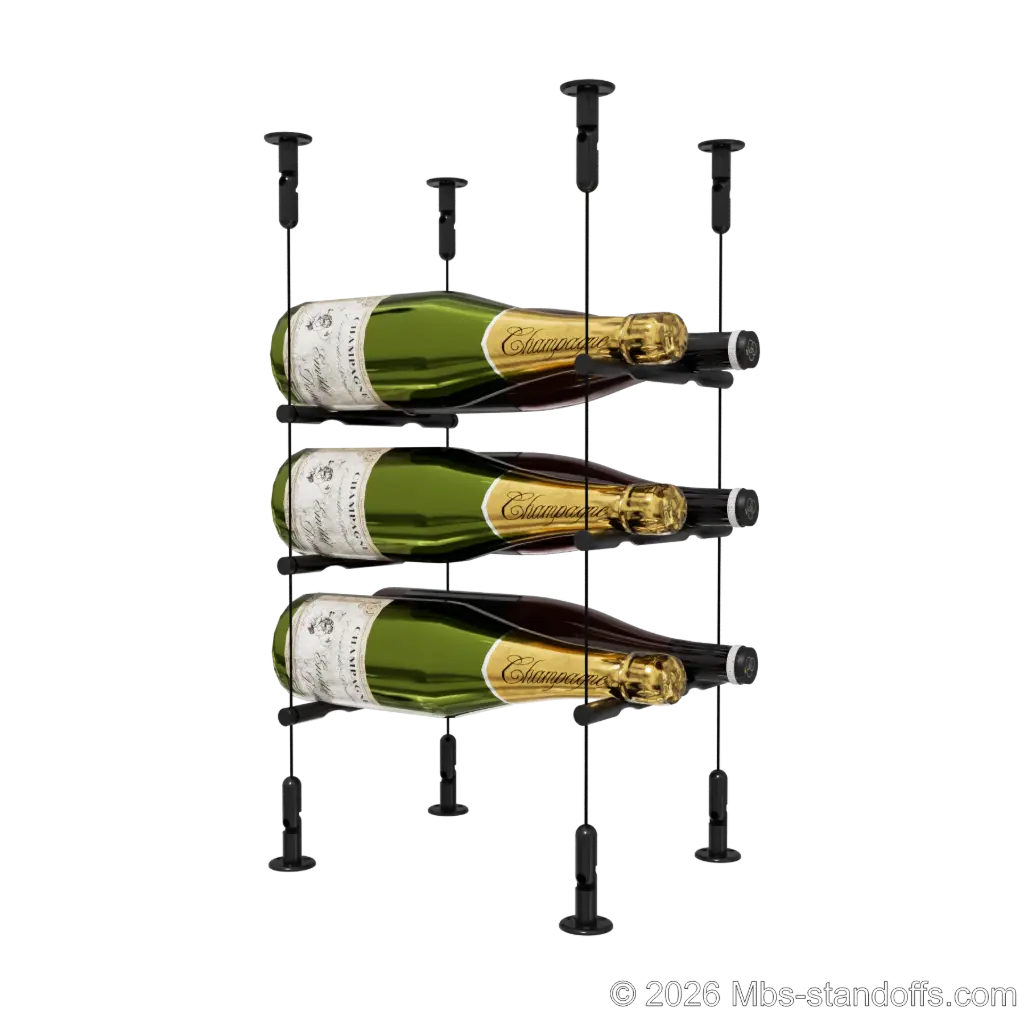 Merlot - Washington Collection Bottle Display Peg Kit, 6-Bottle (2x3) Capacity, Floating Cable System, Pegs: 1/2″ × 7-1/2" with Matte Black Anodized Finish