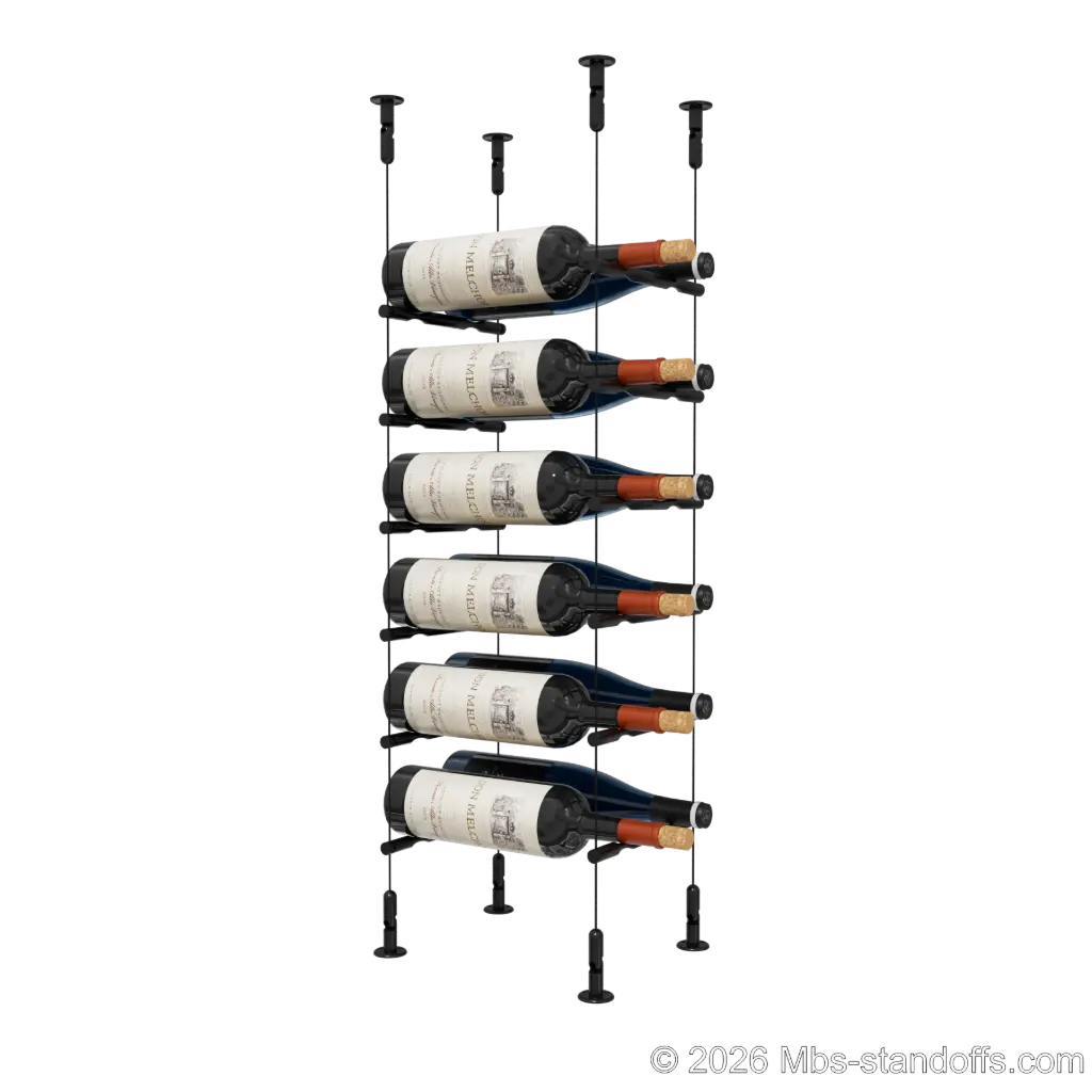 Merlot - Washington Collection Bottle Display Peg Kit, 12-Bottle (2x6) Capacity, Floating Cable System, Pegs: 1/2″ × 7-1/2" with Matte Black Anodized Finish