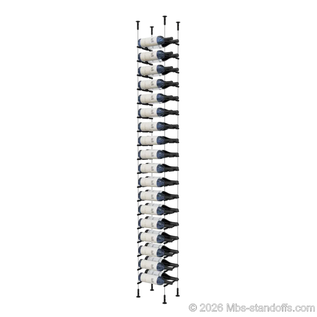 Merlot - Washington Collection Bottle Display Peg Kit, 36-Bottle (2x18) Capacity, Floating Cable System, Pegs: 1/2″ × 7-1/2" with Matte Black Anodized Finish