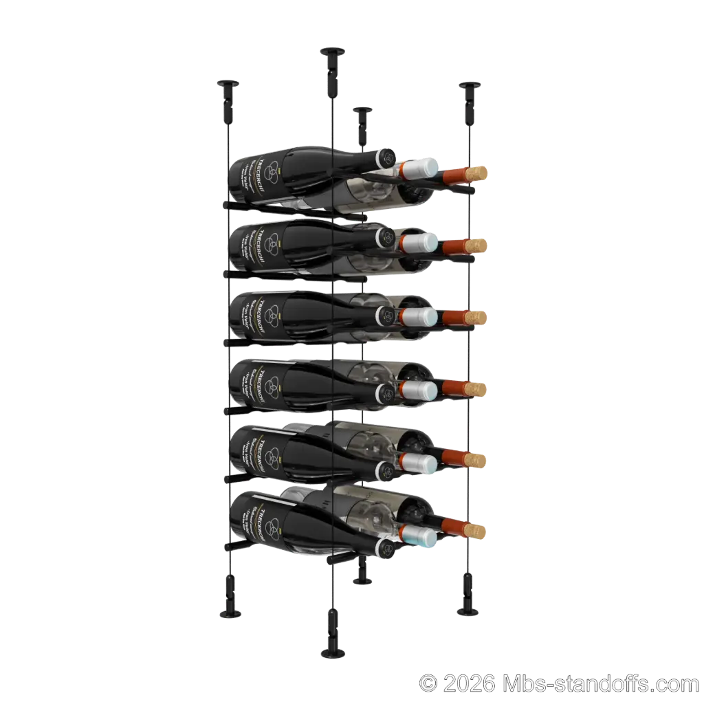 Merlot - Washington Collection Bottle Display Peg Kit, 18-Bottle (3x6) Capacity, Floating Cable System, Pegs: 1/2″ × 11-1/2" with Matte Black Anodized Finish