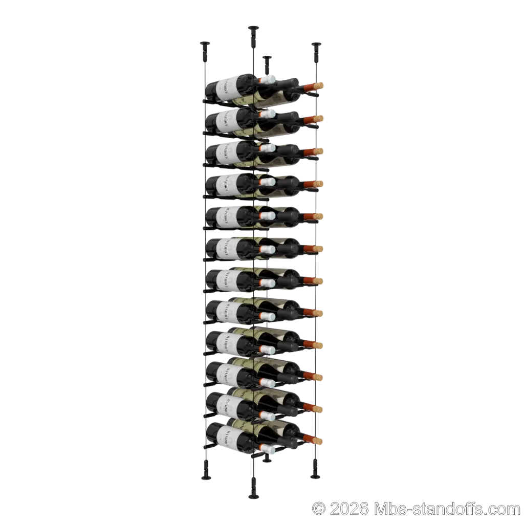 Merlot - Washington Collection Bottle Display Peg Kit, 36-Bottle (3x12) Capacity, Floating Cable System, Pegs: 1/2″ × 11-1/2" with Matte Black Anodized Finish