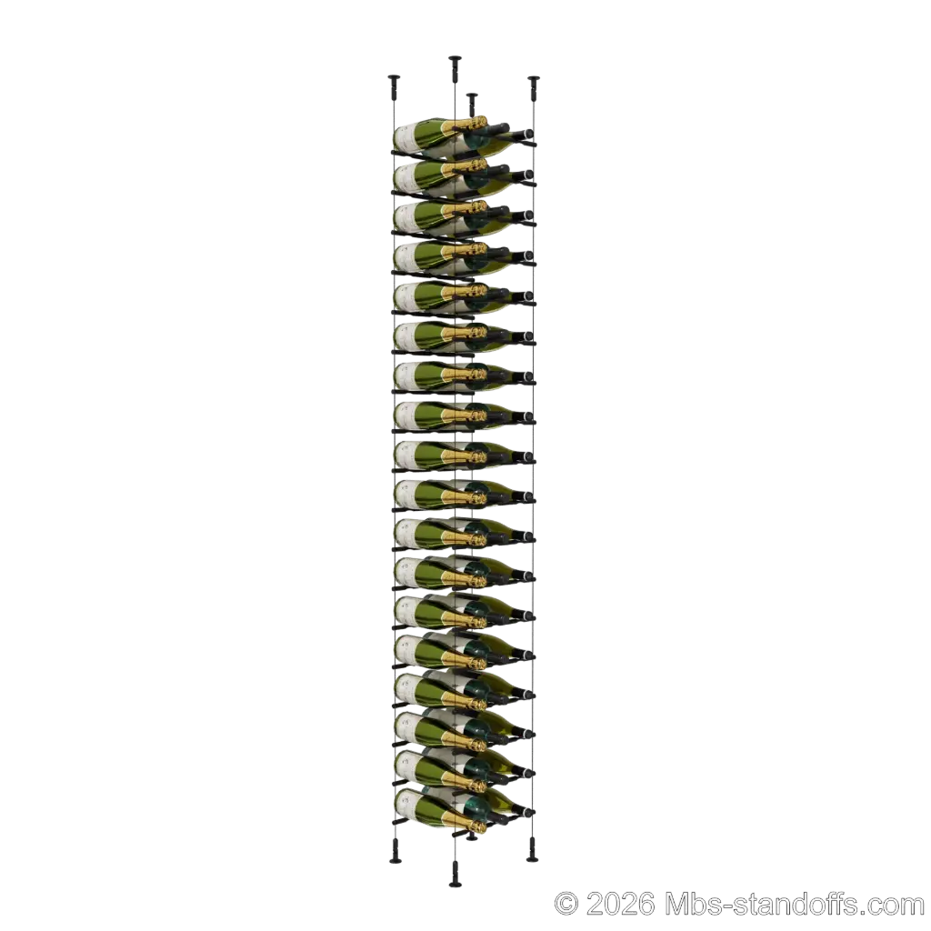 Merlot - Washington Collection Bottle Display Peg Kit, 54-Bottle (3x18) Capacity, Floating Cable System, Pegs: 1/2″ × 11-1/2" with Matte Black Anodized Finish