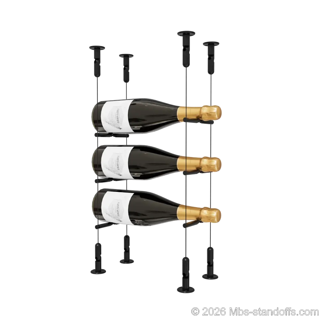 Merlot - Washington Collection Bottle Display Peg Kit With "O" Ring, 3-Bottle Capacity, Floating Cable System, Pegs: 1/2″ × 6" with Matte Black Anodized Finish