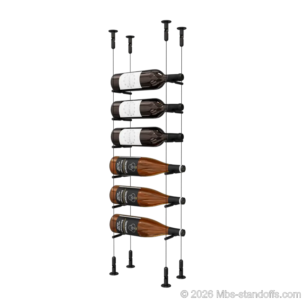 Merlot - Washington Collection Bottle Display Peg Kit With "O" Ring, 6-Bottle Capacity, Floating Cable System, Pegs: 1/2″ × 6" with Matte Black Anodized Finish