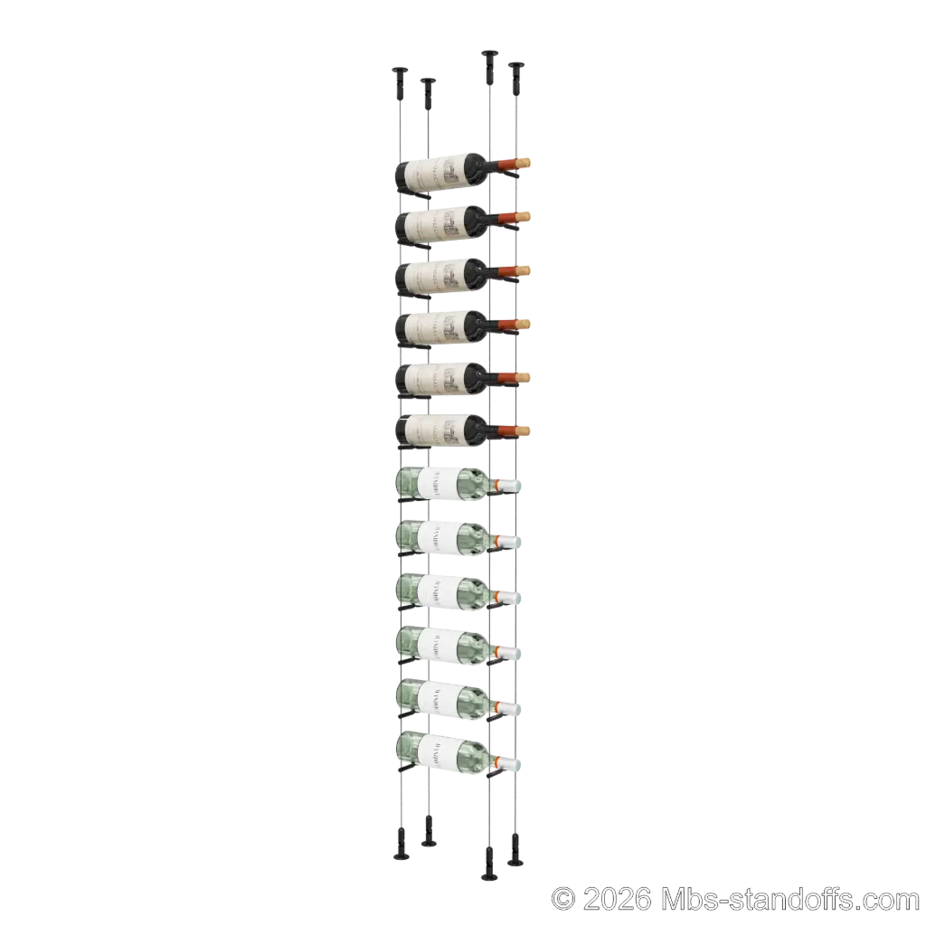 Merlot - Washington Collection Bottle Display Peg Kit With "O" Ring, 12-Bottle Capacity, Floating Cable System, Pegs: 1/2″ × 6" with Matte Black Anodized Finish