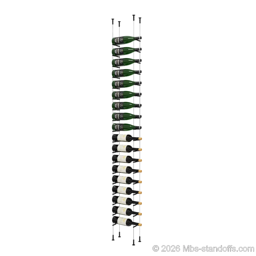 Merlot - Washington Collection Bottle Display Peg Kit With "O" Ring, 18-Bottle Capacity, Floating Cable System, Pegs: 1/2″ × 6" with Matte Black Anodized Finish