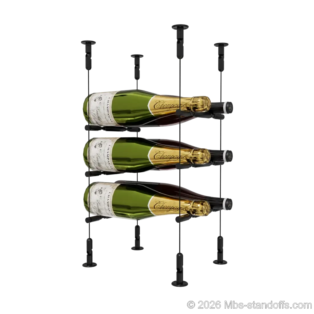 Merlot - Washington Collection Bottle Display Peg Kit With "O" Ring, 6-Bottle (2x3) Capacity, Floating Cable System, Pegs: 1/2″ × 7-1/2" with Matte Black Anodized Finish