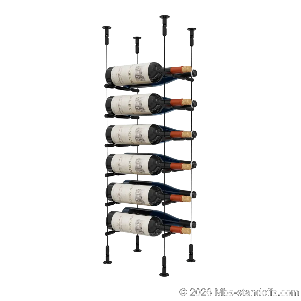 Merlot - Washington Collection Bottle Display Peg Kit With "O" Ring, 12-Bottle (2x6) Capacity, Floating Cable System, Pegs: 1/2″ × 7-1/2" with Matte Black Anodized Finish