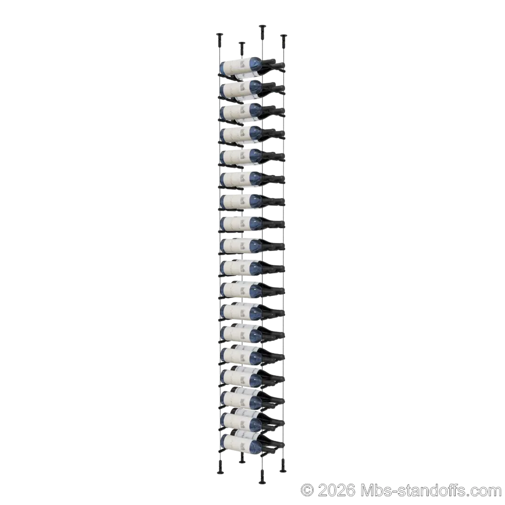 Merlot - Washington Collection Bottle Display Peg Kit With "O" Ring, 36-Bottle (2x18) Capacity, Floating Cable System, Pegs: 1/2″ × 7-1/2" with Matte Black Anodized Finish