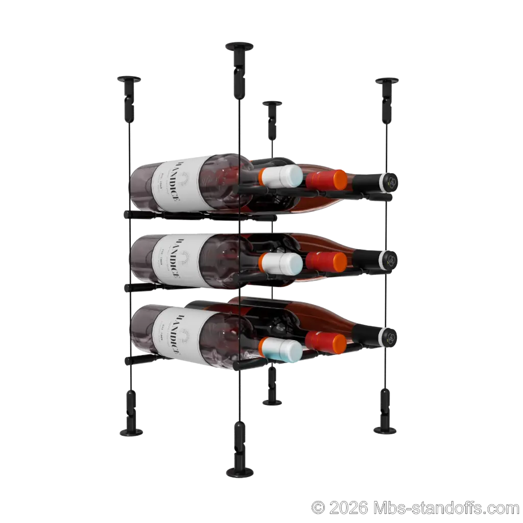 Merlot - Washington Collection Bottle Display Peg Kit With "O" Ring, 9-Bottle (3x3) Capacity, Floating Cable System, Pegs: 1/2″ × 11-1/2" with Matte Black Anodized Finish