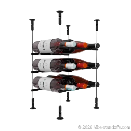 [CS15MB-PCWR3050MB-K3] Merlot - Washington Collection Bottle Display Peg Kit With "O" Ring, 9-Bottle (3x3) Capacity, Floating Cable System, Pegs: 1/2″ × 11-1/2" with Matte Black Anodized Finish