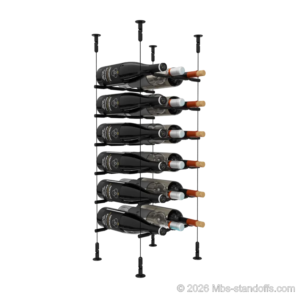 Merlot - Washington Collection Bottle Display Peg Kit With "O" Ring, 18-Bottle (3x6) Capacity, Floating Cable System, Pegs: 1/2″ × 11-1/2" with Matte Black Anodized Finish