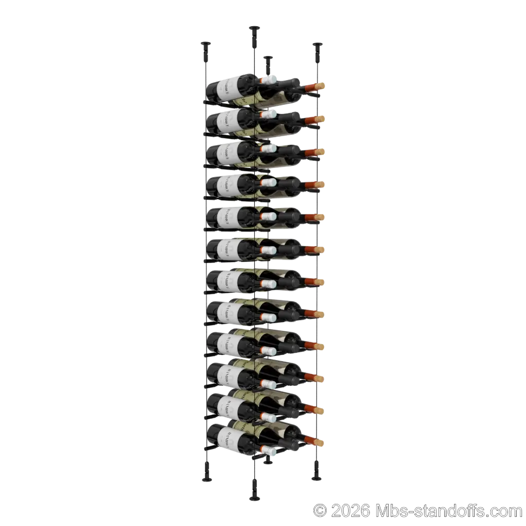 Merlot - Washington Collection Bottle Display Peg Kit With "O" Ring, 36-Bottle (3x12) Capacity, Floating Cable System, Pegs: 1/2″ × 11-1/2" with Matte Black Anodized Finish