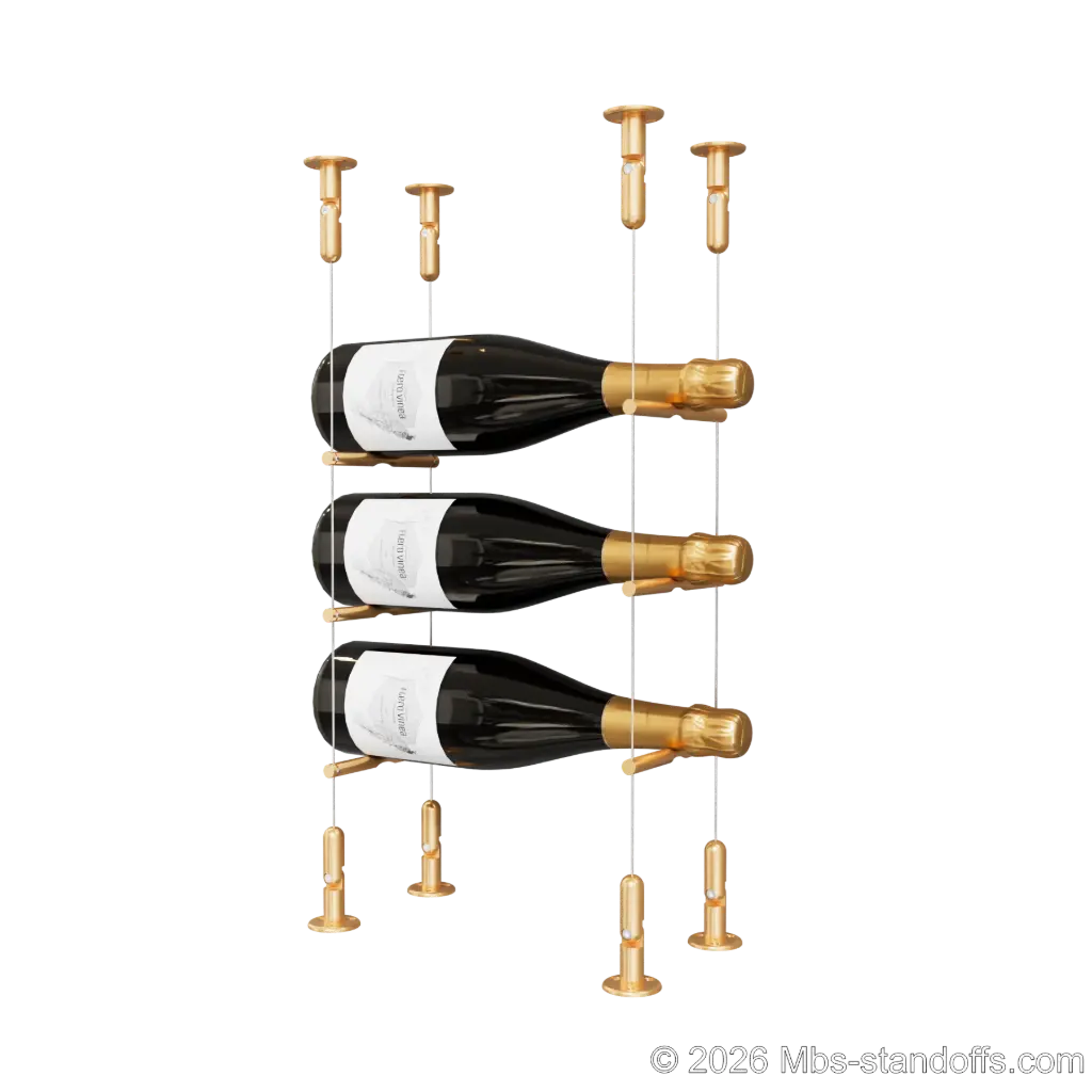 Merlot - Washington Collection Bottle Display Peg Kit, 3-Bottle Capacity, Floating Cable System, Pegs: 1/2″ × 6" with Champagne Anodized Finish