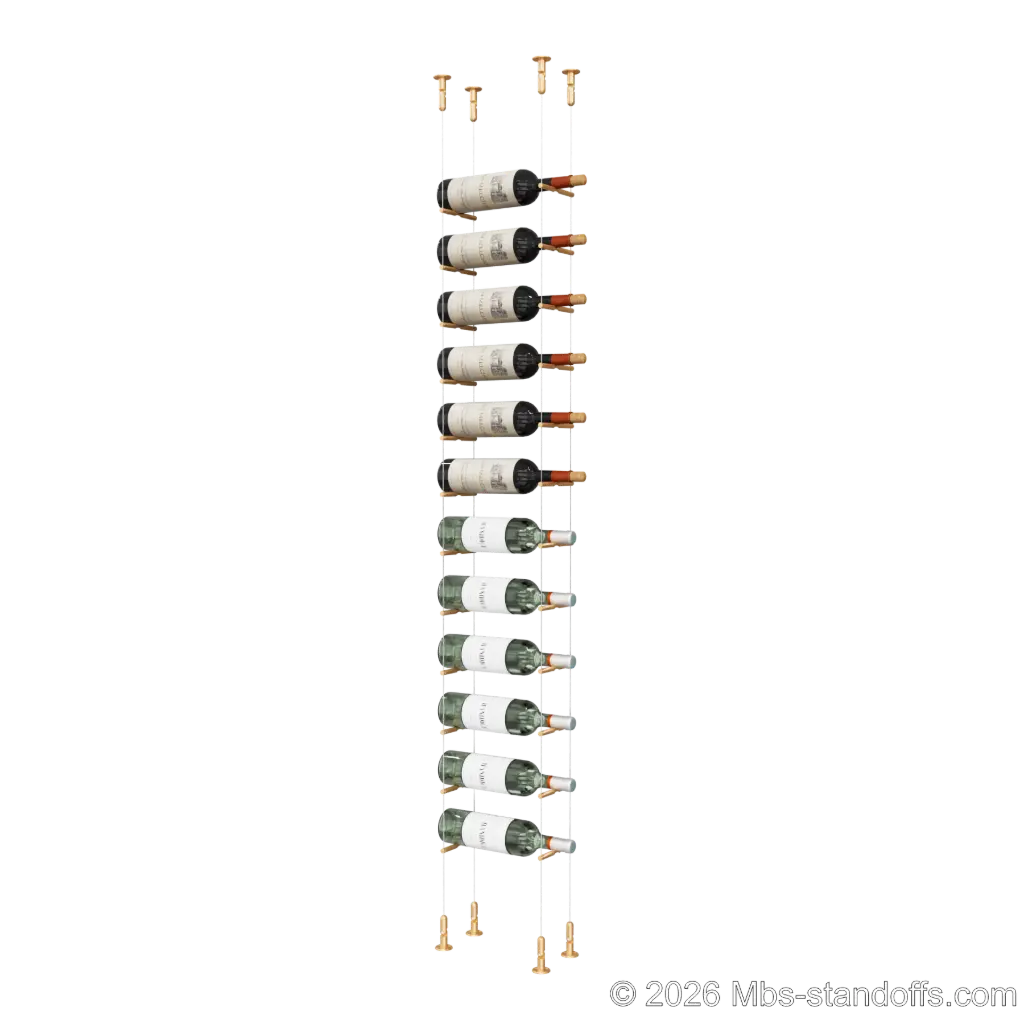 Merlot - Washington Collection Bottle Display Peg Kit, 12-Bottle Capacity, Floating Cable System, Pegs: 1/2″ × 6" with Champagne Anodized Finish