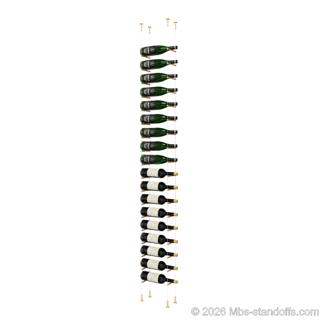 Merlot - Washington Collection Bottle Display Peg Kit, 18-Bottle Capacity, Floating Cable System, Pegs: 1/2″ × 6" with Champagne Anodized Finish
