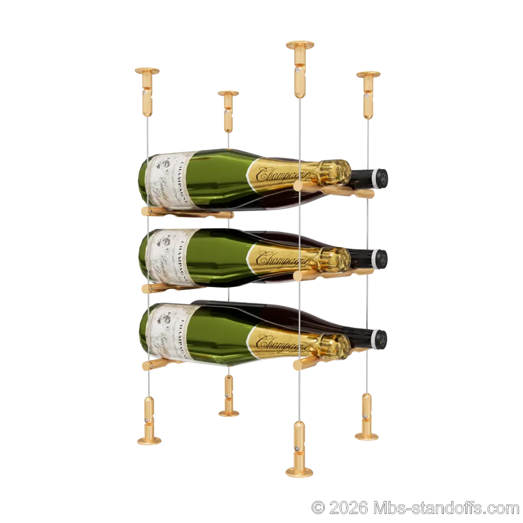 Merlot - Washington Collection Bottle Display Peg Kit, 6-Bottle (2x3) Capacity, Floating Cable System, Pegs: 1/2″ × 7-1/2" with Champagne Anodized Finish