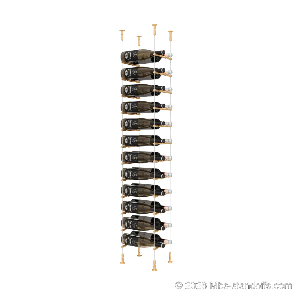 Merlot - Washington Collection Bottle Display Peg Kit, 24-Bottle (2x12) Capacity, Floating Cable System, Pegs: 1/2″ × 7-1/2" with Champagne Anodized Finish