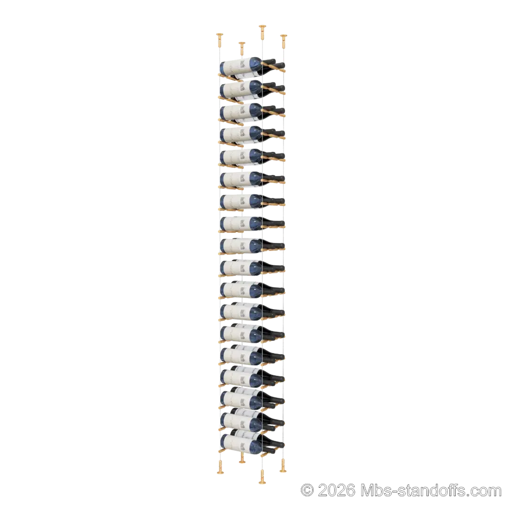 Merlot - Washington Collection Bottle Display Peg Kit, 36-Bottle (2x18) Capacity, Floating Cable System, Pegs: 1/2″ × 7-1/2" with Champagne Anodized Finish