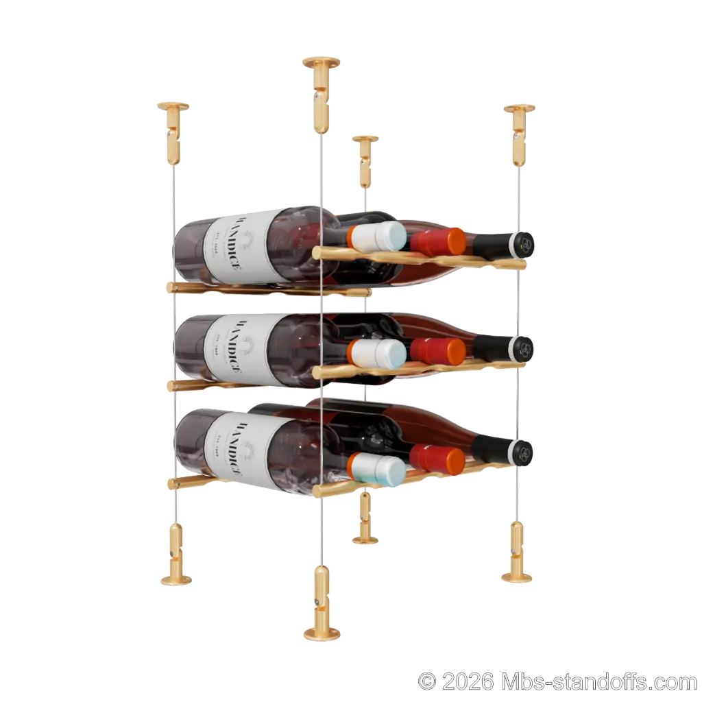 Merlot - Washington Collection Bottle Display Peg Kit, 9-Bottle (3x3) Capacity, Floating Cable System, Pegs: 1/2″ × 11-1/2" with Champagne Anodized Finish