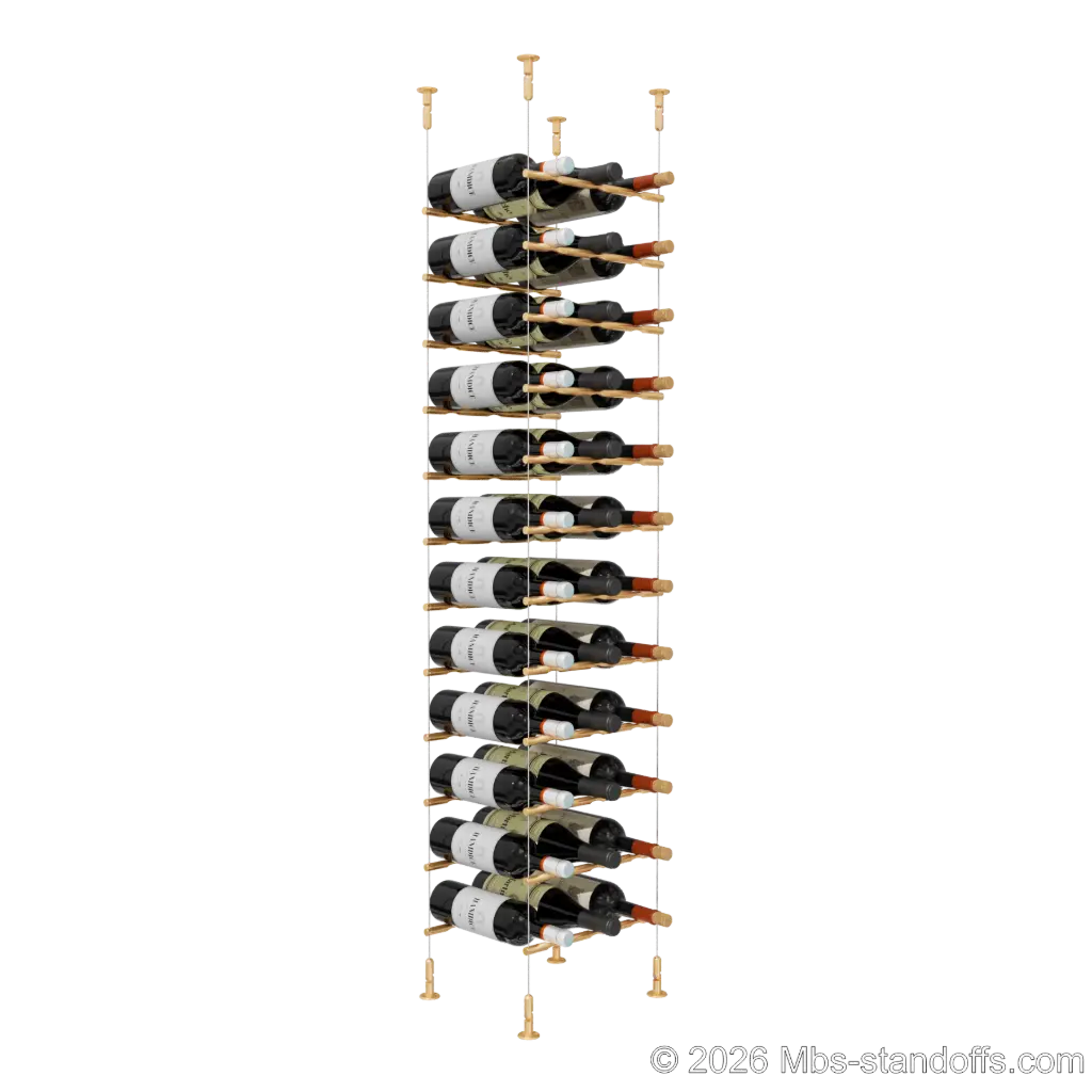 Merlot - Washington Collection Bottle Display Peg Kit, 36-Bottle (3x12) Capacity, Floating Cable System, Pegs: 1/2″ × 11-1/2" with Champagne Anodized Finish