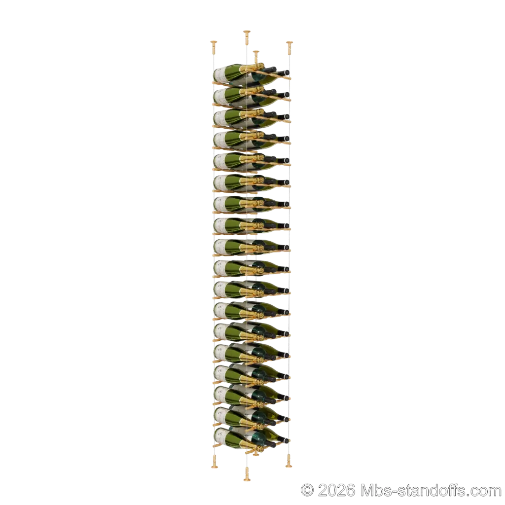 Merlot - Washington Collection Bottle Display Peg Kit, 54-Bottle (3x18) Capacity, Floating Cable System, Pegs: 1/2″ × 11-1/2" with Champagne Anodized Finish