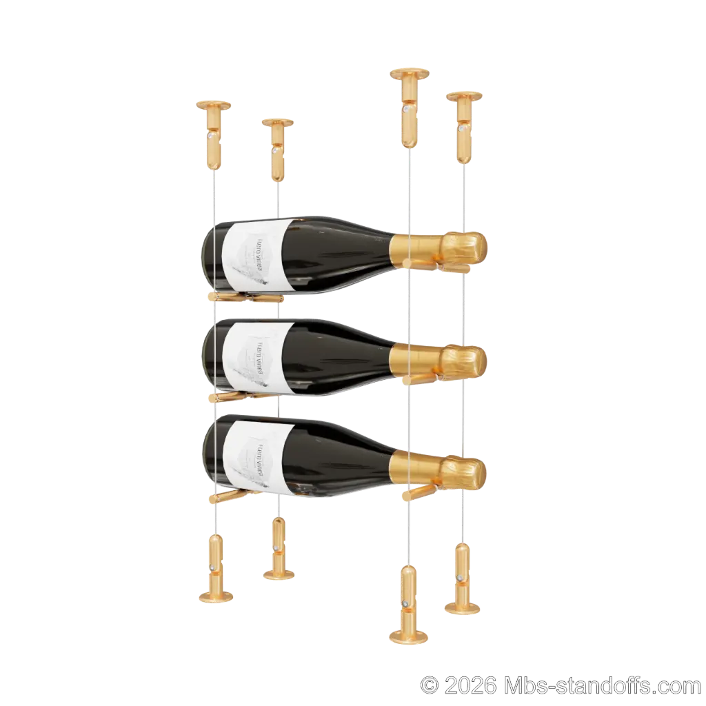 Merlot - Washington Collection Bottle Display Peg Kit With "O" Ring, 3-Bottle Capacity, Floating Cable System, Pegs: 1/2″ × 6" with Champagne Anodized Finish