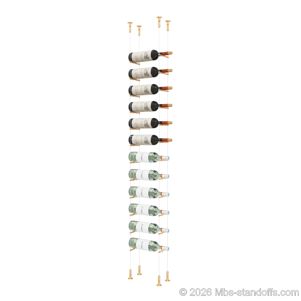 Merlot - Washington Collection Bottle Display Peg Kit With "O" Ring, 12-Bottle Capacity, Floating Cable System, Pegs: 1/2″ × 6" with Champagne Anodized Finish
