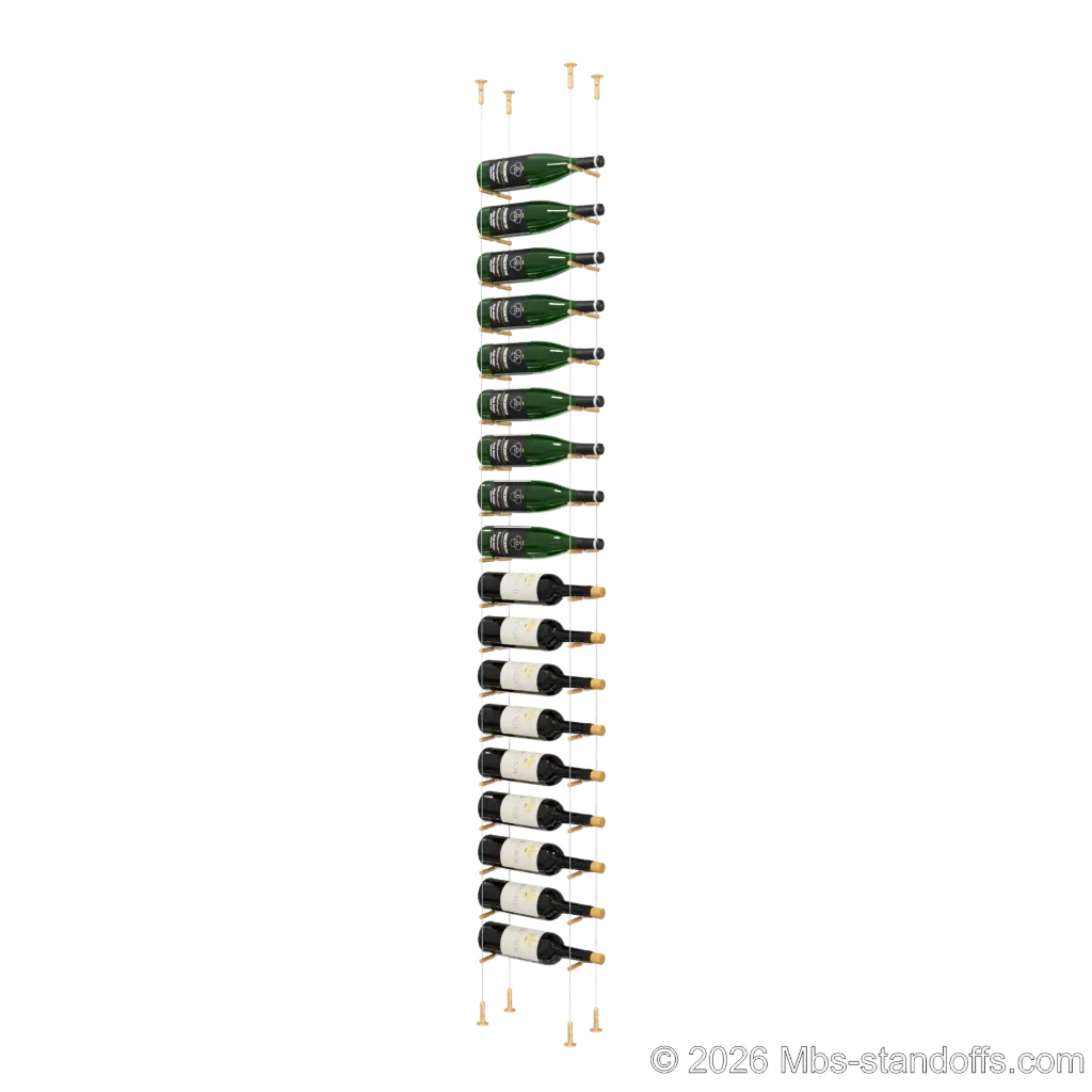 Merlot - Washington Collection Bottle Display Peg Kit With "O" Ring, 18-Bottle Capacity, Floating Cable System, Pegs: 1/2″ × 6" with Champagne Anodized Finish