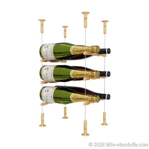 [CS15BR-PCWR2050BR-K3] Merlot - Washington Collection Bottle Display Peg Kit With "O" Ring, 6-Bottle (2x3) Capacity, Floating Cable System, Pegs: 1/2″ × 7-1/2" with Champagne Anodized Finish