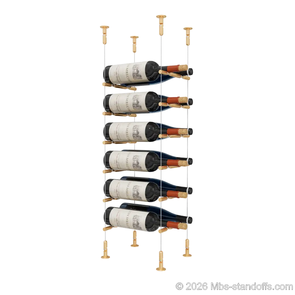 Merlot - Washington Collection Bottle Display Peg Kit With "O" Ring, 12-Bottle (2x6) Capacity, Floating Cable System, Pegs: 1/2″ × 7-1/2" with Champagne Anodized Finish