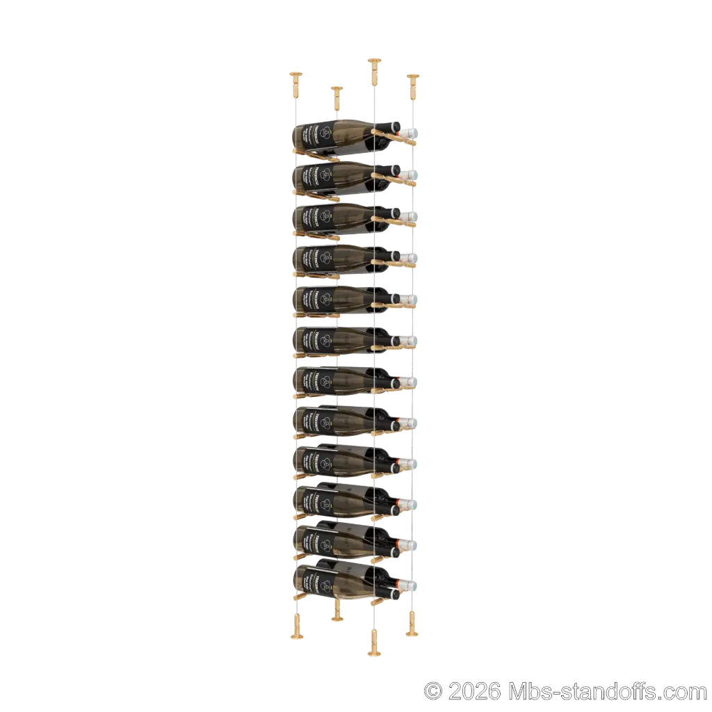 Merlot - Washington Collection Bottle Display Peg Kit With "O" Ring, 24-Bottle (2x12) Capacity, Floating Cable System, Pegs: 1/2″ × 7-1/2" with Champagne Anodized Finish