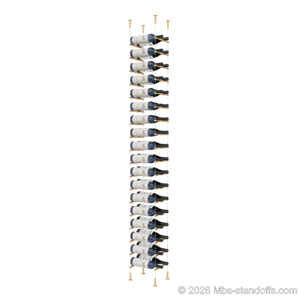 Merlot - Washington Collection Bottle Display Peg Kit With "O" Ring, 36-Bottle (2x18) Capacity, Floating Cable System, Pegs: 1/2″ × 7-1/2" with Champagne Anodized Finish