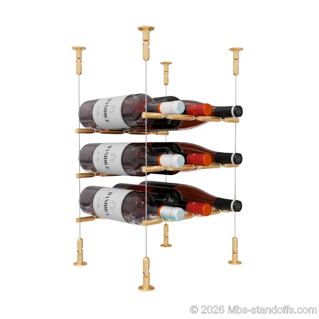 Merlot - Washington Collection Bottle Display Peg Kit With "O" Ring, 9-Bottle (3x3) Capacity, Floating Cable System, Pegs: 1/2″ × 11-1/2" with Champagne Anodized Finish
